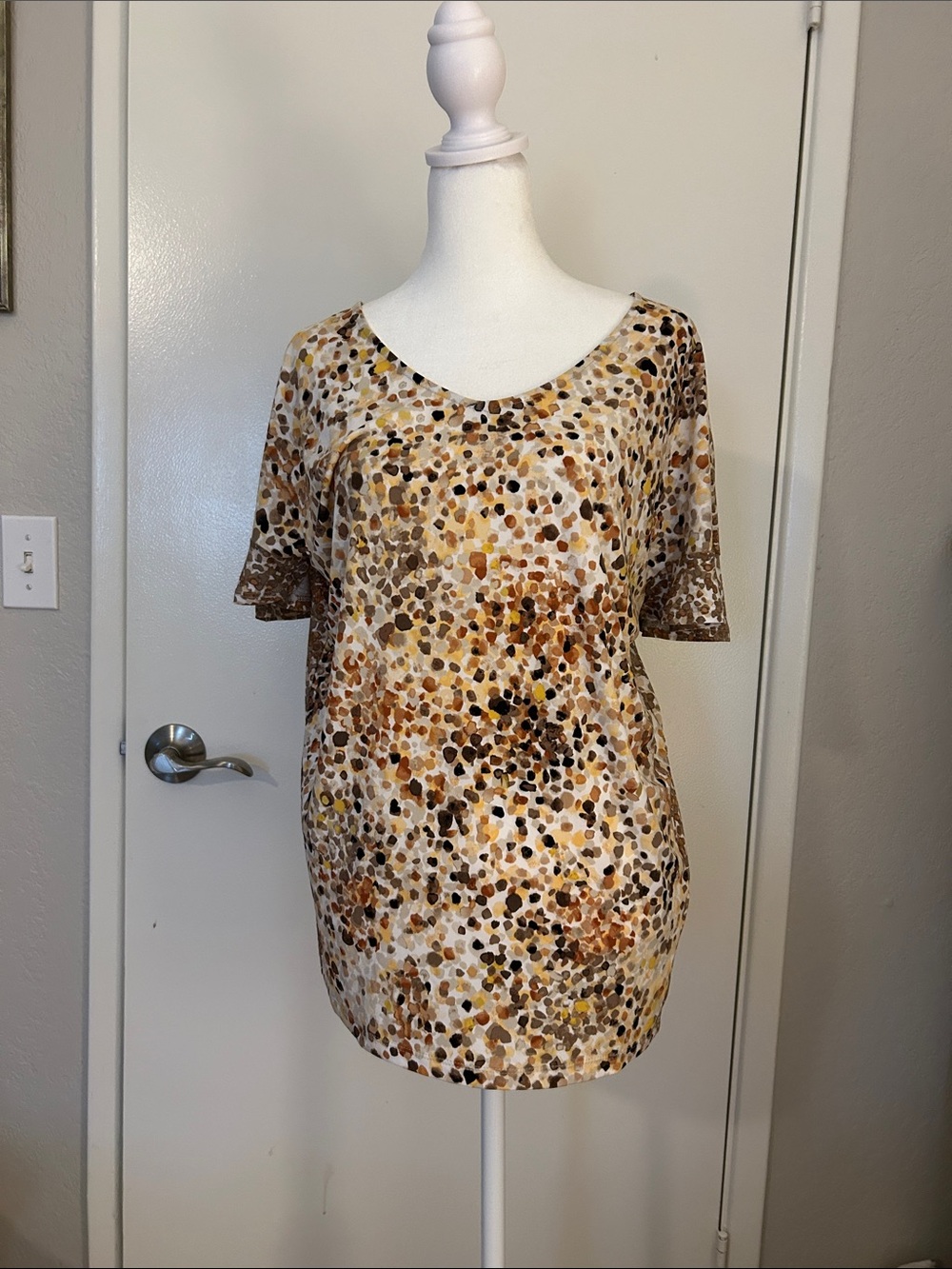 Susan Graver Brown Multi Dot-Print Short Sleeve blouse